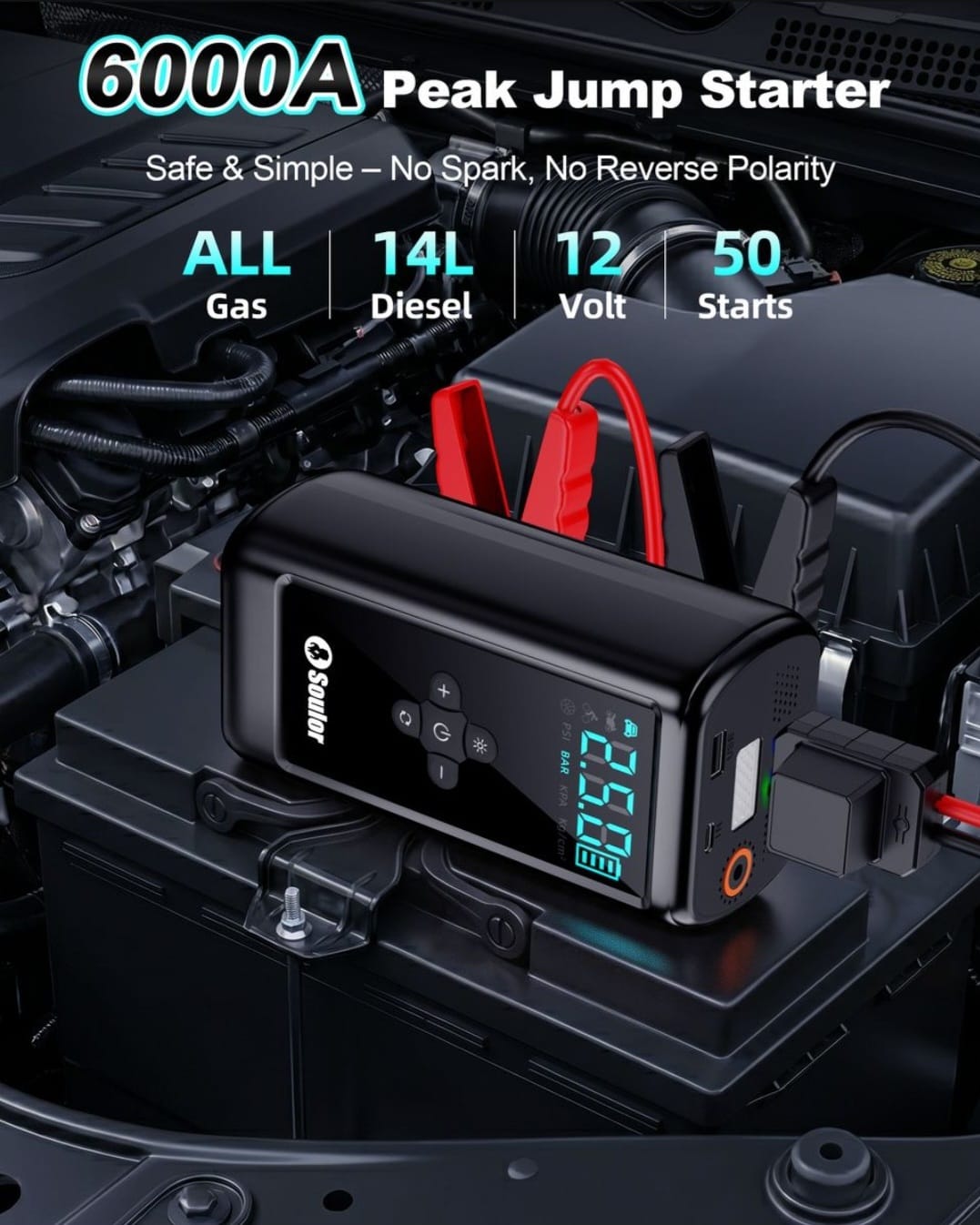 Resurge smart clamps attached to a car battery doing a peak jump start